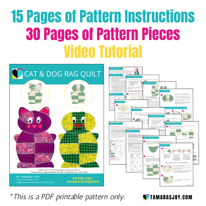 Cat and dog rag quilt pattern with text about pages of instructions and a video tutorial.