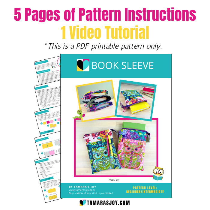 Book sleeve pattern with pattern instructions and video tutorial on a white background