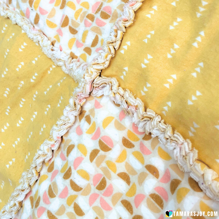 Close-up of a yellow fabric with white and pink patterns, featuring the brand 'TAMARASJOY'.