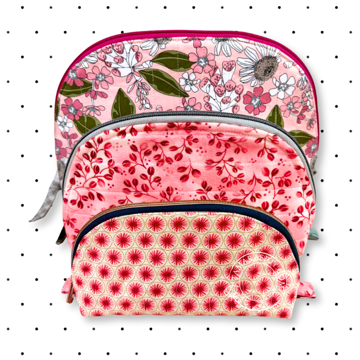 Floral-patterned backpack on a white background with black dots
